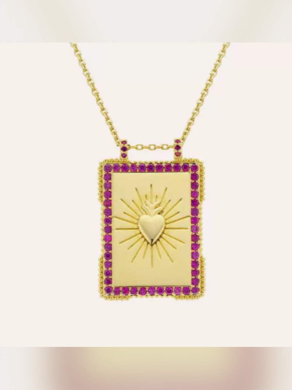 Gold Sacred Heart Rectangular Pendant Necklace with Pink Stones
